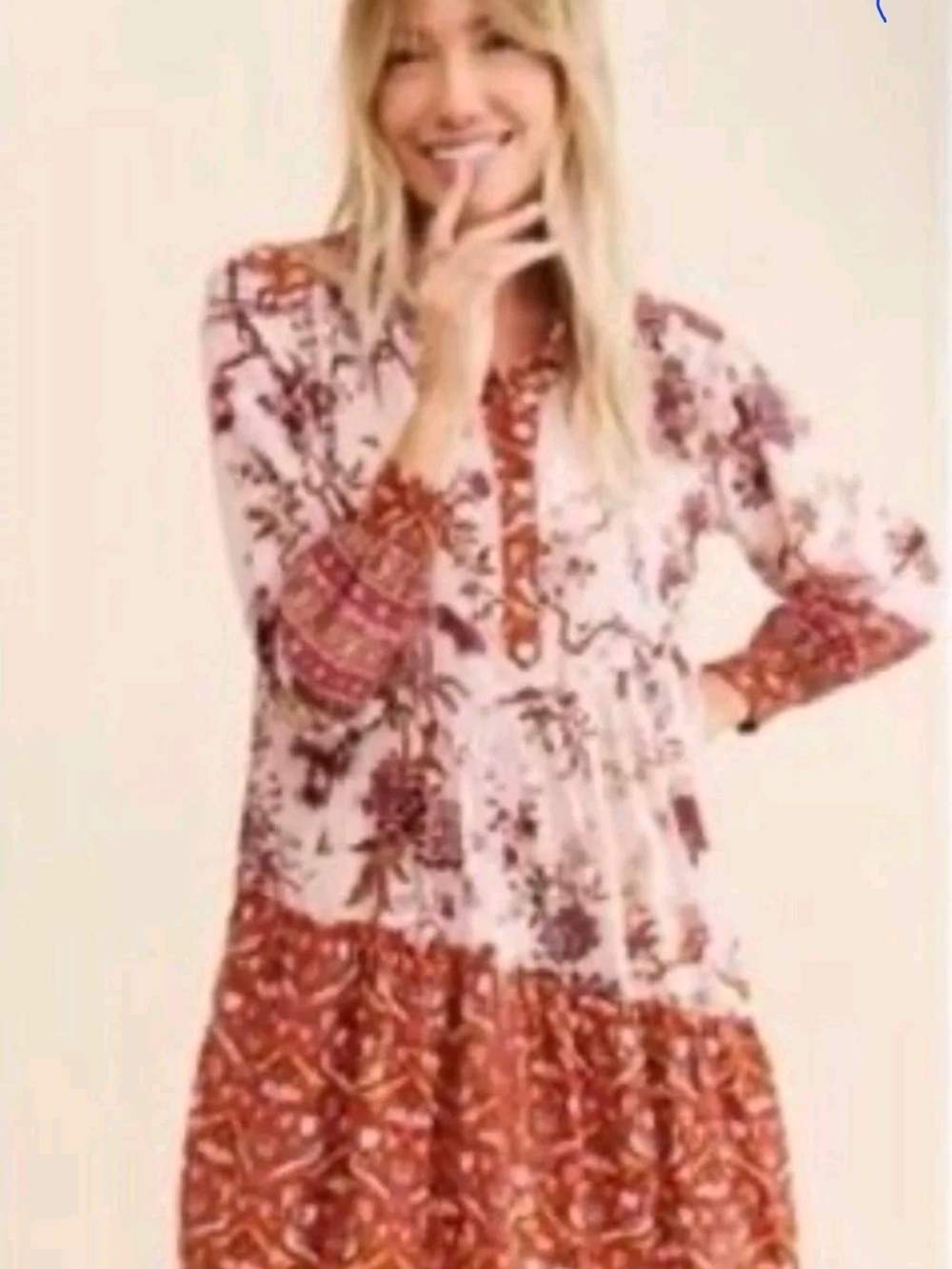 Anthropologie Boho Floral Tiered V-Neck Women's Dress - Red & Pink